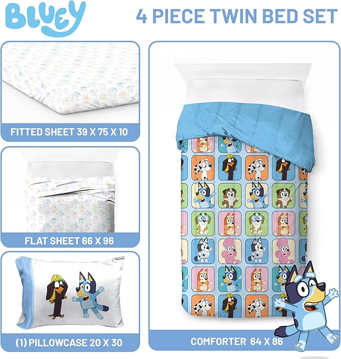 Jay Franco Bluey Twin Size Comforter Set - 4 Piece Bedding Includes Sheet Set, Pillow Covers & Bonus Duffle Bag - Super Soft Kids Bedding with Bingo, Muffin, Coco & Snickers