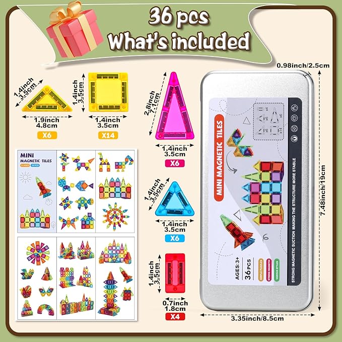 Mini Magnetic Tiles with Iron Box for Kids Ages 3-5,Travel Magnet Mini Building Blocks Plane Toys for Boys Girls Toddlers Preschool STEM Construction Christmas Birthday Gifts -36PCS