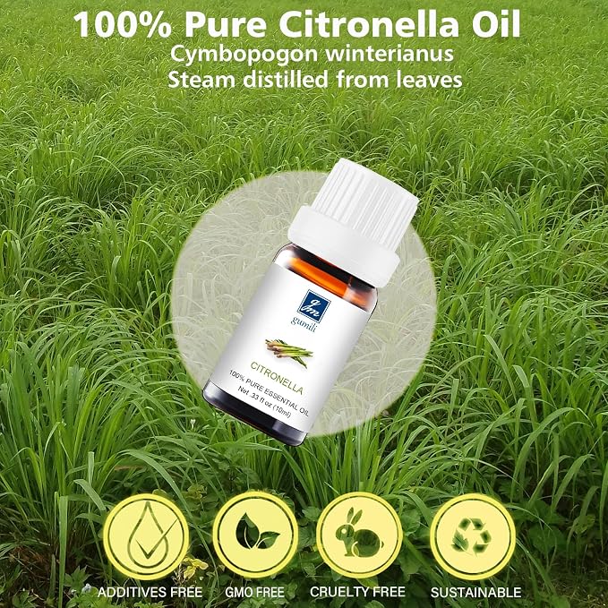 GM Gumili Citronella Essential Oil - 100% Pure Organic Oil for Diffuser, Spray, Candle Making & Skin Care - 10mL Glass Bottle