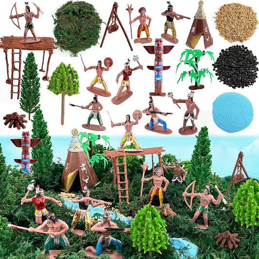 Native American Figurines Set 43 Pcs Plastic Miniature Indian Figure Toys Indian Figurines for Kids Includes Moss, Trees, Sand, Stones, Indians Action Figures for Projects Diorama Decor Birthday Gift