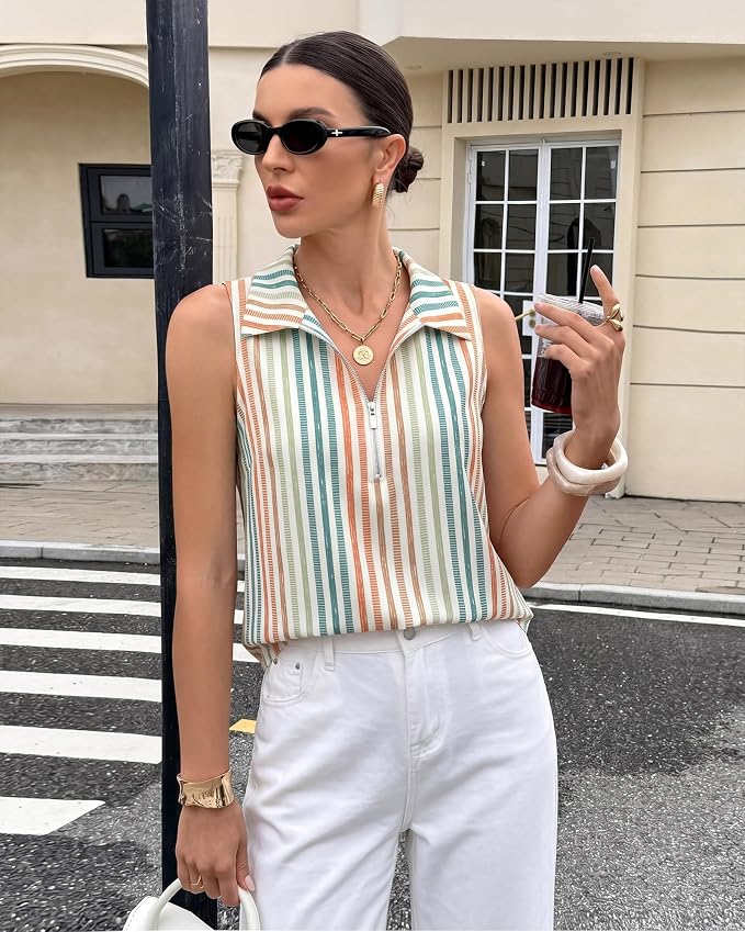 Vivilli Womens Ribbed Tank Top Zipper V Neck Dressy Casual Blouses Sleeveless Camisole Tops Work Tank Polo Shirts