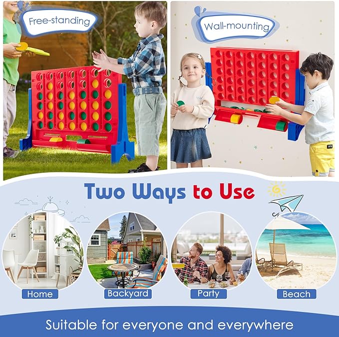 COSTWAY Giant 4 in a Row Game with Storage Carry Bag, Jumbo 4-to-Score Game w Chess, Quick Release Slider for Kids Adults, Indoor Outdoor Backyard Connect Game Set (Blue&Red)