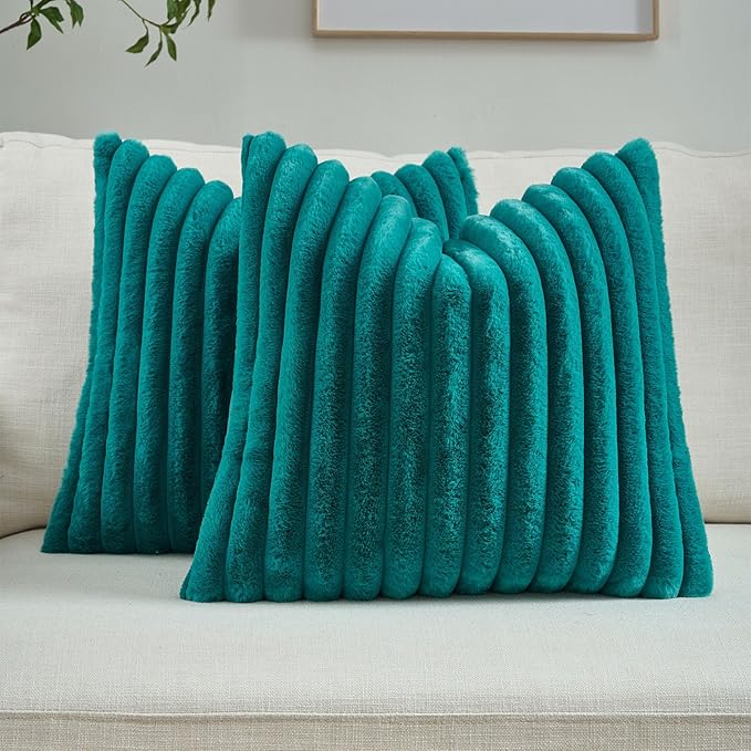 FUTEI Pack of 2 Faux Fur Throw Pillow Covers 20x20 Inch, Teal | Fluffy Faux Rabbit Fur Front/Premium Velvet Back,Hidden Zipper,Machine Washable,Non-Shedding,Colorfast,Insert Not Included.