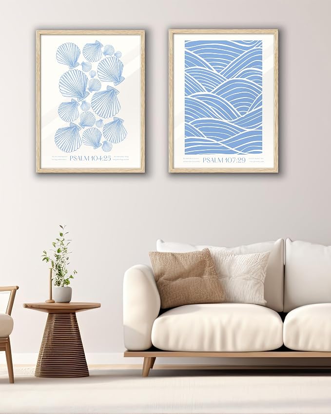EcoHest 12x16 in Psalm 107:29 Ocean Waves Christian Framed Wall Art | Natural Oak Wood Frame with Canvas Wall Art, Scripture Bible Verse Decor for Bedroom, Living Room, Office, Church, 1Pack