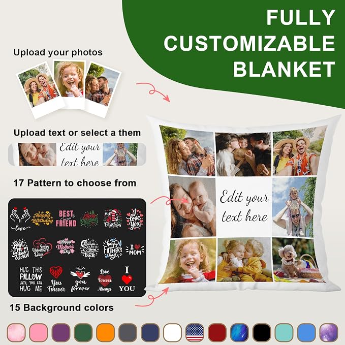 Bemaystar Custom Pillow with Picture & Text, Ships Next Day, Made in USA - Personalized Pillow Picture- Personalized Gifts for Mothers Day, Decorative Throw Pillow (No Insert)-8 Photos