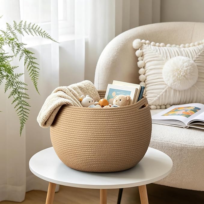 Goodpick Large Woven Storage Basket for Organizing, 15.7" x 10.5", Camel | Round Cotton Rope Basket With Handles, Holds Blankets, Toys & Daily Essentials, Decorative Basket for Living Room & Bedroom