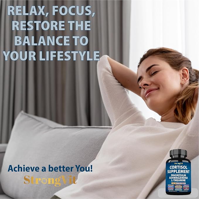 StrongVit Cortisol Supplements for Women and Men with Magnesium, Ashwagandha & L-Theanine. High Cortisol Reducer, Manager, Detox, Lower and Control. Sleep Support & Stress Relief, USA (180 Capsules)