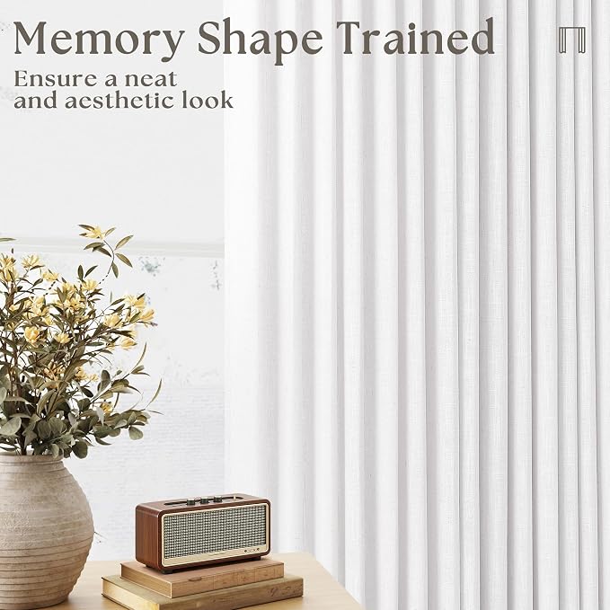 Snow White 72 Inch Pinch Pleated Linen Semi Sheer Curtains 2 Panels W40xL72 | Memory Training Shaped, for Living Room Bedroom Cabin Closet, 400GSM Linen Textured, Pinch Pleat with Hooks Rings Back Tab