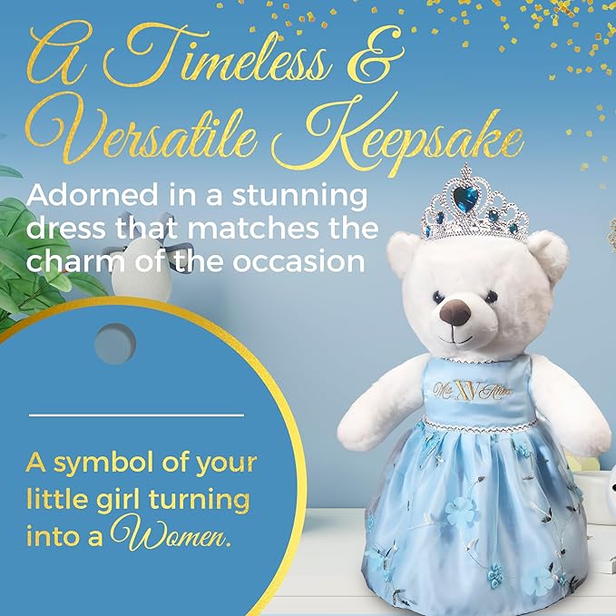 Quinceañera Teddy Bear 18-inches Tall with Dress for 15th Birthday, Quince Bear with Matching Crown, Ideal Keepsake for 15th Birthday, Mis XV Años - Light Blue