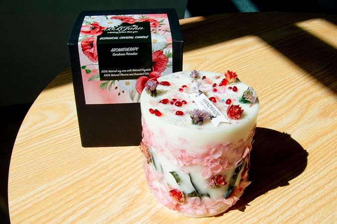 Botanical Crystal Candle, Organic Natural Dried Flowers, Aromatherapy, Gardenia Scented Fragrance, Meditation,Manifestation,Intention,Christmas,Mother's Day,Gift for Woman (Rose Amaranth/Hydrangea)