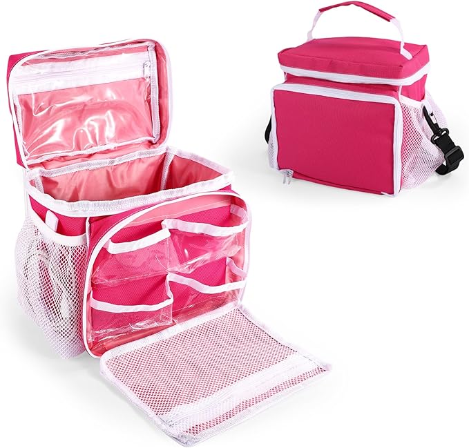 Portable Organizer Case Compatible with Little Tikes Story Dream Machine Starter Set, Oxford Cloth Toy Storage Bag with Shoulder Strap Handle Side Mesh Pockets Only Bag(Blue, Red & White)