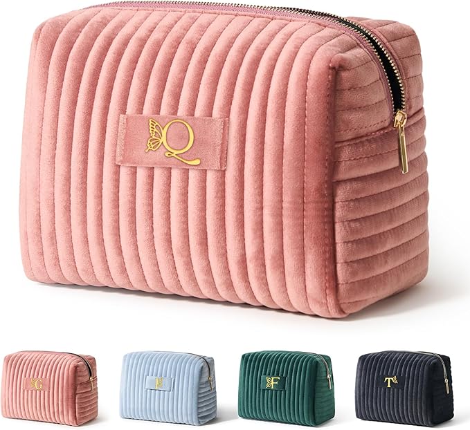 COSHAYSOO Travel Makeup Bag Quilted Make Up Pouch Initial Velvet Cosmetic Case with Butterfly Decorations for Women Cosmetics Complexion Skincare Products Tools Accessories Organizer Pink Letter Q