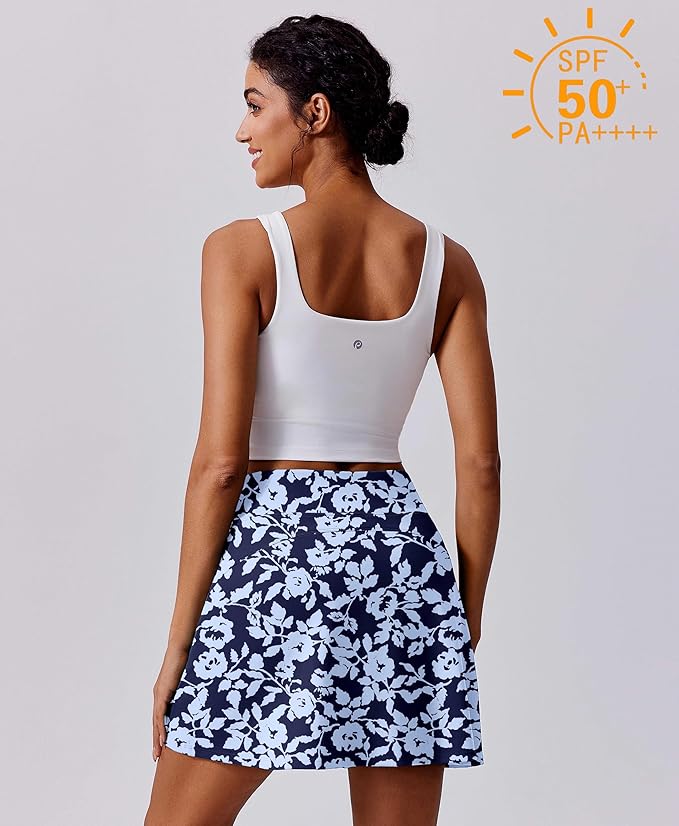 PINSPARK 17" Golf Skorts for Woman High Waisted Tennis Skirt with 4 Pockets | Lightweight, Quick Dry, 4-Way Strecth, Breathable, Tummy Control, UPF 50+ Athletic Skort for Workout, Pickleball, Gym, Casual