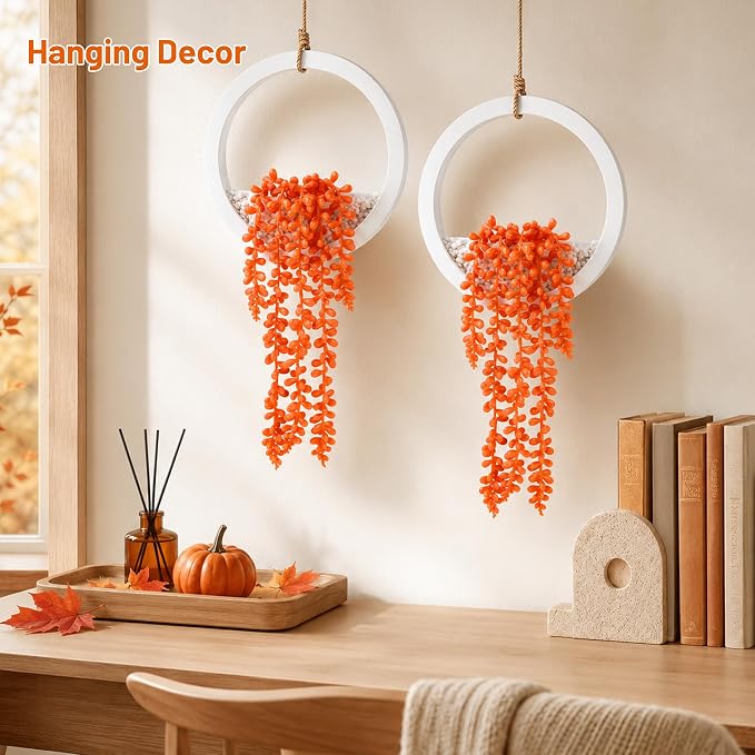 Der Rose 2 Pack Autumn Artificial Hanging Plants for Fall Wall Decor | Cascading string of pearls, warm autumn color, space-saving hanging design for bathroom kitchen shelf boho fall decor