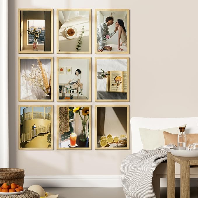 Vittanly 12x16 Picture Frames Set of 9 for Wall Mounting, OAK | Display Pictures 11x14 with Mat or 12x16 without Mat, Engineered Wood with Shatter Resistant Plexiglass, Gallery Photo Frames