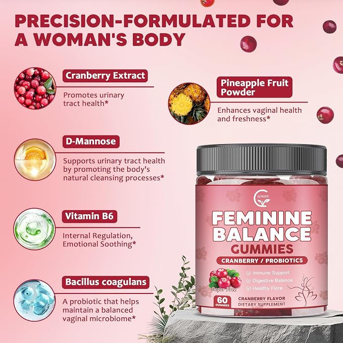 GORNVB Premium Feminine Balance Gummies for Women, Support pH Balance & Vaginal Probiotics Health Gummies with Cranberry Pineapple Powder, D-Mannose, Sugar Free, Gluten Free, Vegan