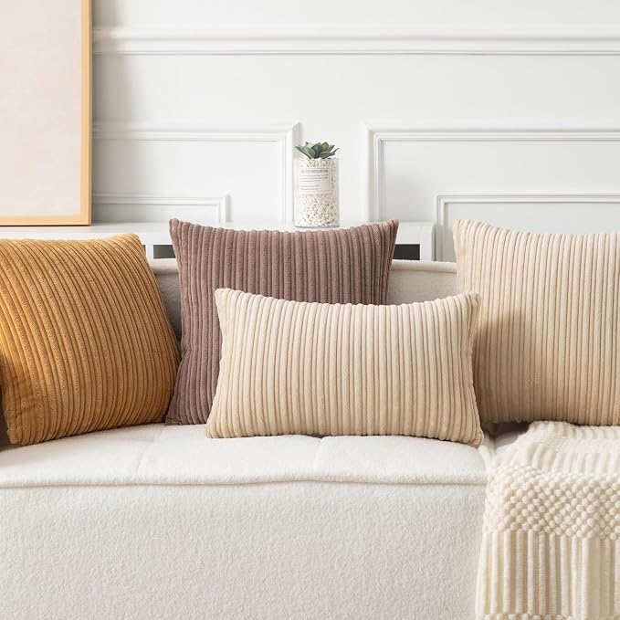 UGASA Velvet 18x18 Inch Soft Throw Pillow Covers Decorative Corduroy Striped Both Sides Solid Square Cushion Cases Boho Farmhouse for Couch Bedroom Sofa Home, Pack of 2, Beige