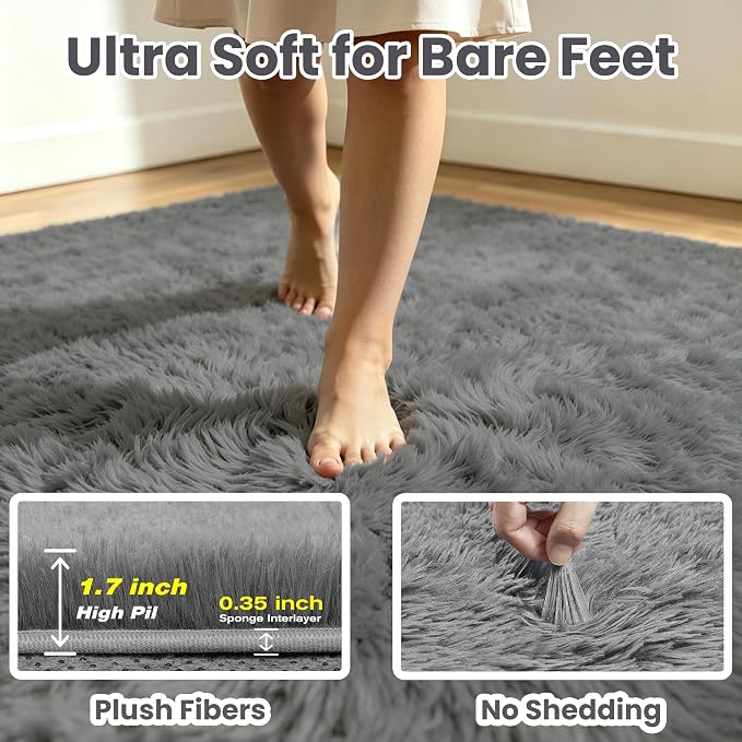 6x9 Area Rug for Living Room, Ultra Soft Fluffy Light Grey Rugs for Bedroom, Non Slip Large Shag Carpet, Fuzzy Plush Nursery Rug, Thick Washable Indoor Floor Carpets for Kids Office Dorm Home Decor