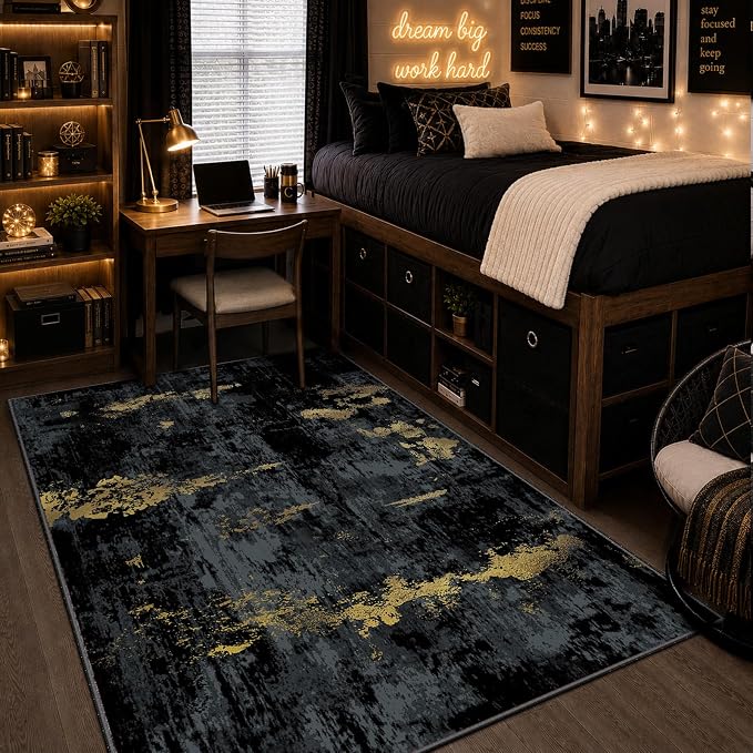 RELEANY Washable 4'x6' Abstract Area Rug for Living Room Black Gold | carpet for bedroom, kitchen, office, hallway and entryway, printed pattern, non-slip, soft, stain-resistant, easy to clean