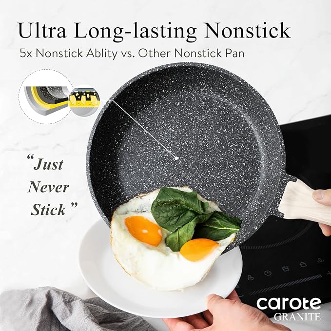 CAROTE 12 Inch Non Stick Black Frying Pan, PFOA-Free | Healthy Non Toxic Granite Kitchen Cookware, All Stovetops Compatible Skillet with Heat-Resistant Handle