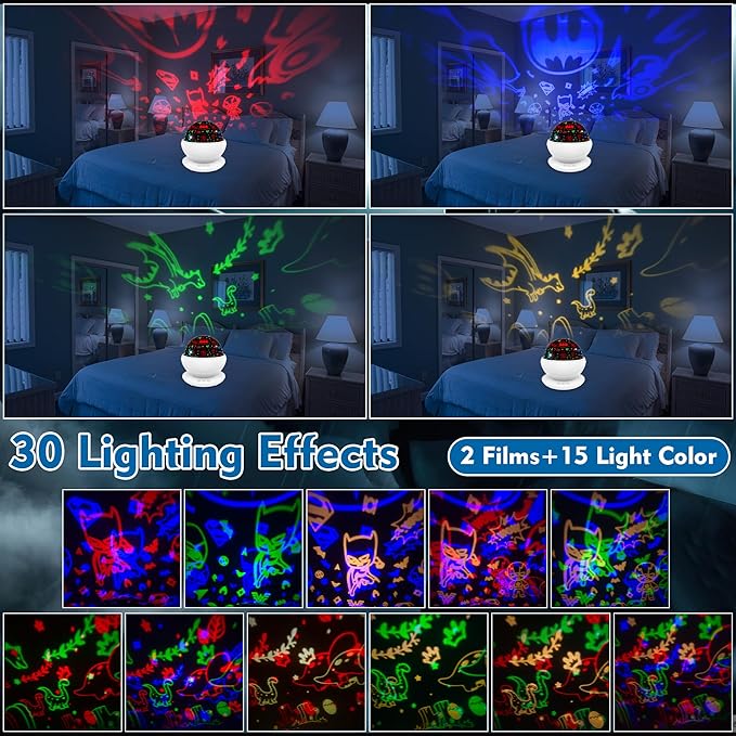 VANSHINIEER Batman Night Light Projector for Boy,Kids Night Lights with Batman and Dinosaur Theme,360 Degree Rotation,15 Mode Color Changing,Birthday Gift Toys