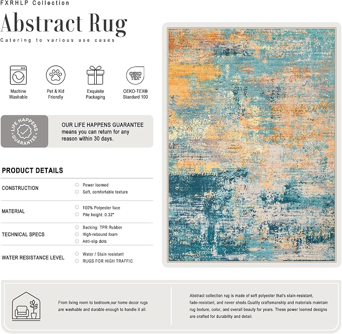 5x7 Area Rug Living Room Rug: Washable Modern Abstract Soft Thin Rug Indoor Floor No Slip Carpet for Bedroom Dining Room Farmhouse Nursery Home Office - Rosy Haze