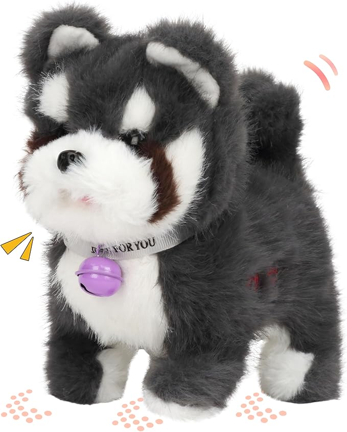 Hopearl Walking Dog Repeat What You Said Interactive Electronic Pet Plush Bark Puppy Toy Animated Singing Speaking Glowing Walking Gift for Toddlers Birthday, Gray, 7''