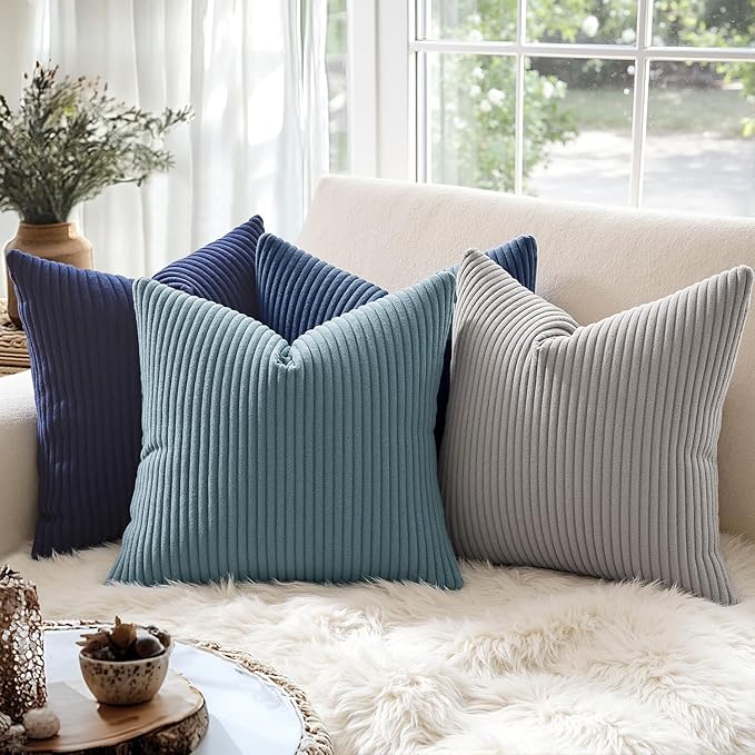 MIULEE Decorative Corduroy Throw Pillow Covers Set of 2 18x18 Navy Blue | Soft Striped Textured Cushion Cases, Boho Coastal Square Pillowcases for Home Decor, for Couch Chair Sofa Bed Living Room