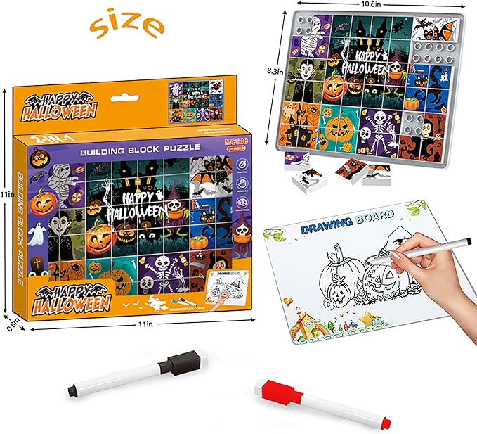 Anzikfoy 48 Piece Toy Building Jigsaw Puzzle Sets, 2 in 1 Halloween Theme Boys Girls Puzzles Building Block with Reusable Drawing Board Set for Toddlers Ages 1-3 and Kids 3+ Year Old