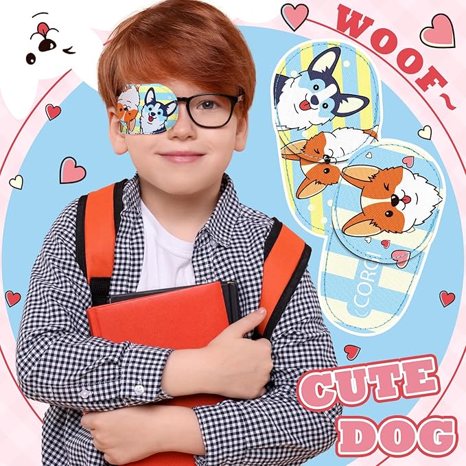 Newcotte 12 Pcs Eye Patch for Kids Toddler Reusable Adjustable Girls Boys Eyepatch for Glasses Left or Right Eye Patch, Assorted Patterns (Corgi Dog)