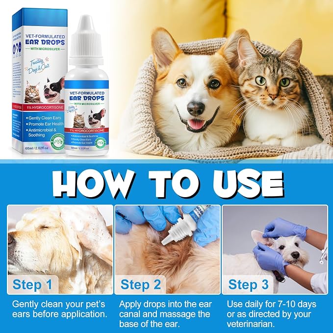NenMaoKeNu 2 Pack Cat & Dog Ear Infection Treatment Drops, Ear Cleaner to Soothe and Relieve Itchness, with 1% Hydrocortisone for Dog Ear Infections, Prevents Inflammatio, Treats Ear Infections