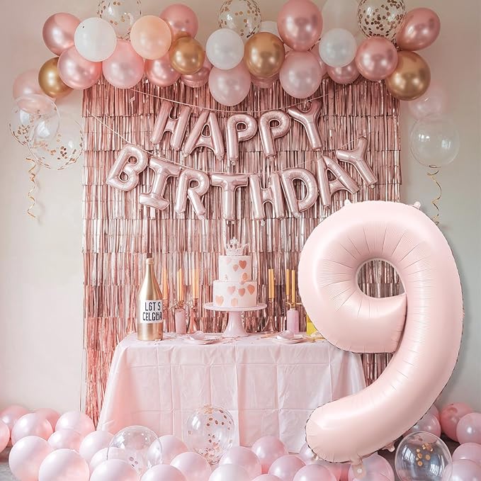 Big Number 9 Balloons, Dusty Light Pink Foil 9 Balloon Numbers 40 Inch, Giant 9th Birthday Party Decor, Pastel Baby Blush Pink Mylar Helium Self Inflating Balloon for Girls Anniversary Decorations