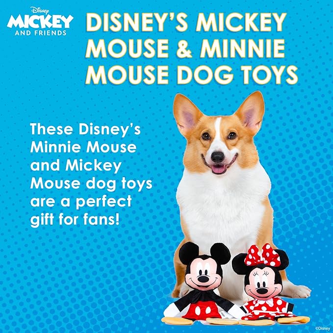 Disney for Pets Mickey Mouse & Minnie Mouse Plush Squeaker with Crinkle Flattie Body Dog Toy Set Dog Toys | Plush Squeaker Toy for Dogs Inspired by Mickey Mouse, 13.5in - 2 Pack