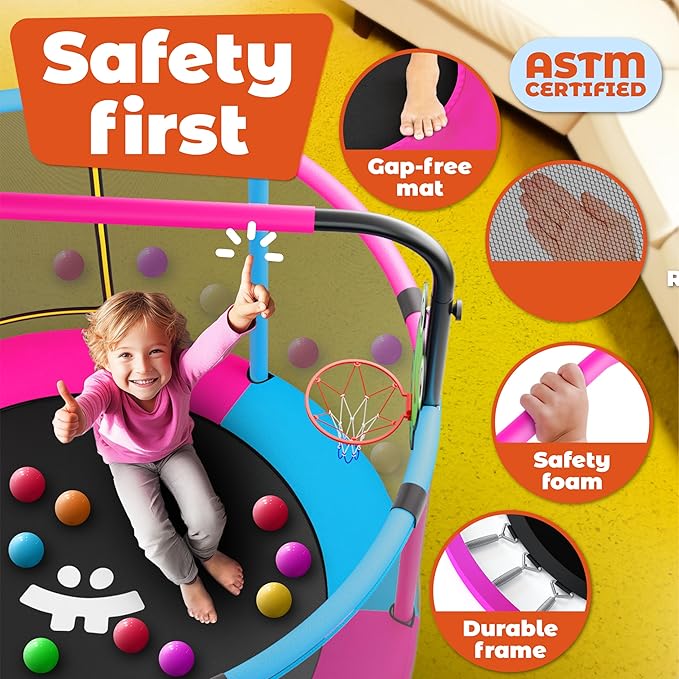 Happin® 55â€ Toddler Trampoline Indoor & Outdoor Playset, 5FT Kids Trampoline, Ultra Safe Mini Trampoline for Kids with Safety Enclosure Net, Gifts for Birthday with Basketball Hoop