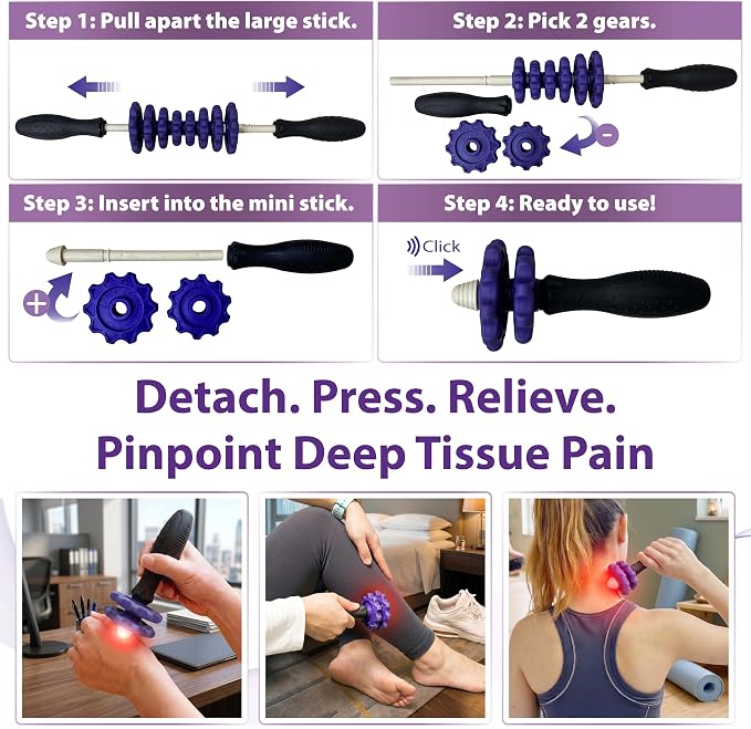 ONIPAX 3-in-1 Muscle Roller Stick, Manual Massage Tool with 8 Adjustable Gears & POM Core, Customizable Deep Tissue Relief for Neck, Back, and Calves, Portable Post-Workout Recovery (Purple)