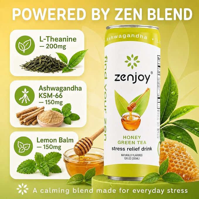 Adaptogen Drink Stress Relief Tea | Non Alcoholic Calming Drink w/Ashwagandha, Lemon Balm & L-Theanine for Focus | Stress Tea Calming Social Mocktail with Adaptogens (12 Pack, Honey)