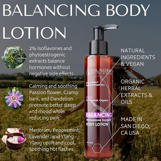 RD Alchemy - Natural & Organic Menopause Balancing Body Lotion - Rich Oils Moisturize Dry, Crepy Skin while Isoflavones Soothe and Calm to Promote Well-Being.