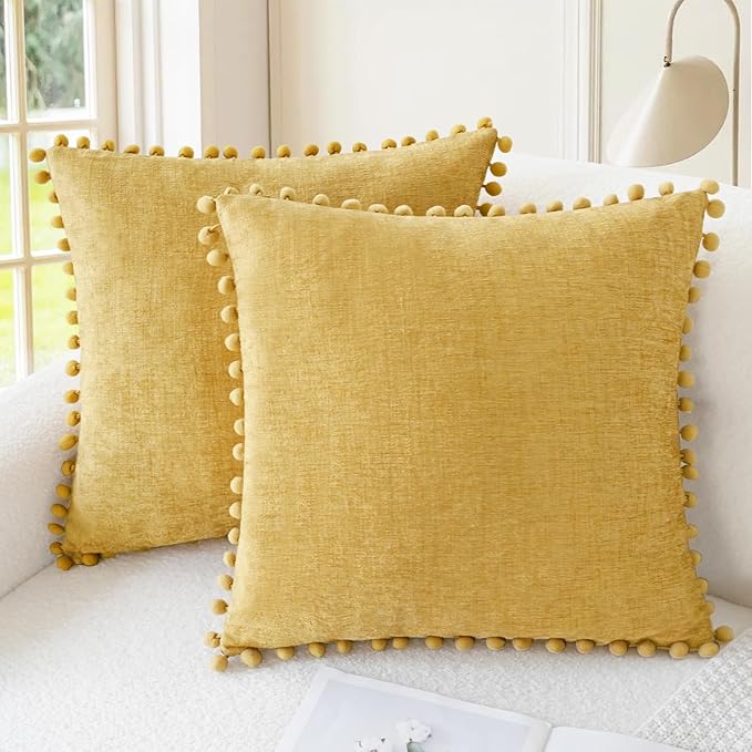 CaliTime Decorative Couch Throw Pillow Covers 16 X 16 Inches Gold | Pack of 2, Cozy Chenille Cushion Cases, with Pom Poms for Sofa Bed Living Room Farmhouse Home