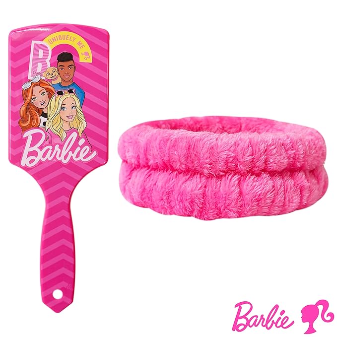 LUV HER Barbie Kids Hair Brush & Spa Headband Set for Girls - Fun Grooming Kit for Detangling, Styling & Skincare - Soft & Stretchy One Size, Ages 3+
