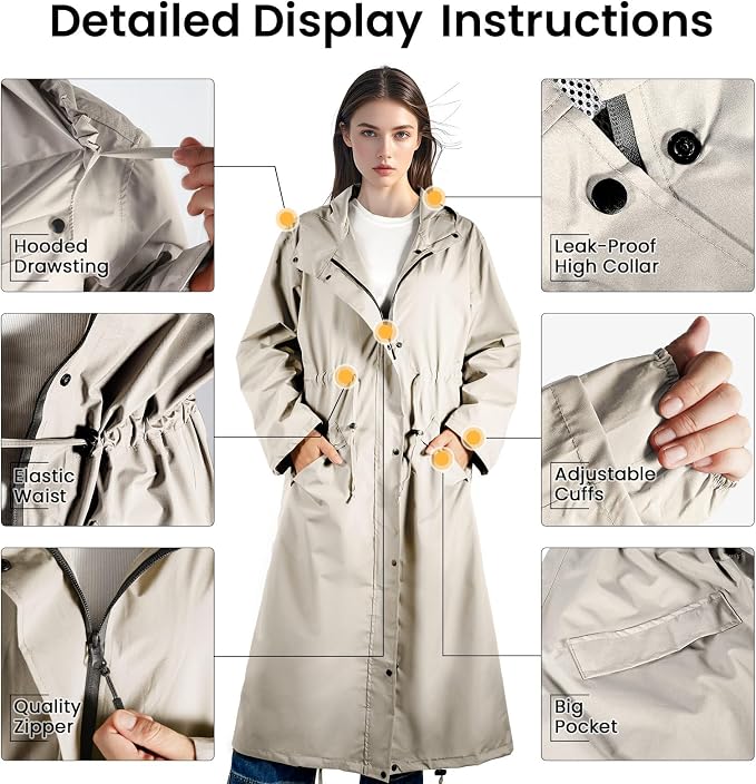 LAMA Womens Long Raincoats Rain Jacket Waterproof Packable Hooded Windbreaker Lightweight Adjustable Waist for Outdoor