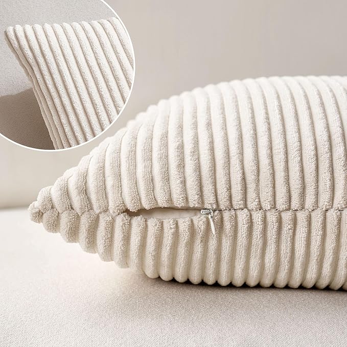MIULEE Decorative Corduroy Throw Pillow Covers Set of 2 14x14 Cream White | Soft Striped Textured Cushion Cases, Boho Square Pillowcases Neutral Home Decor, for Couch Chair Sofa Bed Living Room