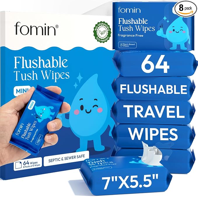 Fomin Compact Travel Flushable Wipes 8 Pack (64 Wipes Total) - Unscented Travel Size Wet Wipes for Adults - pH Balanced, Biodegradable, Plant-Based - Hypoallergenic Tush Wipes for Women & Men