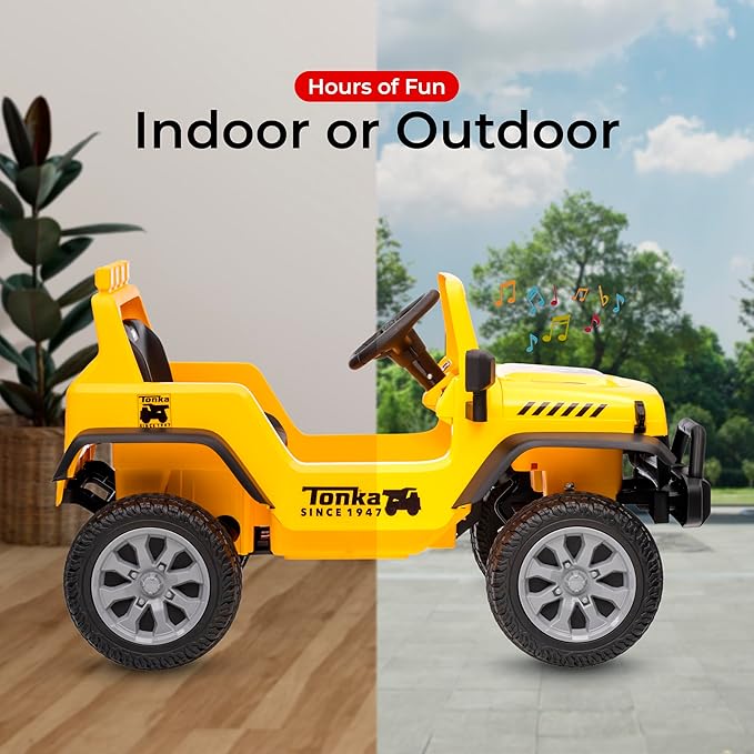 Tonka - 12V Kids Ride On with Rechargeable Battery, LED Headlights, Press-Button Start, Durable Wheels, Forward & Reverse Drive, Contoured Seat