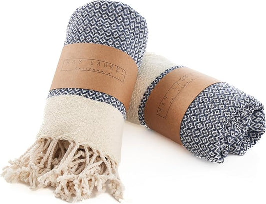 BAY LAUREL Turkish Hand Towel – Pack of 2 | Soft & Absorbent Decorative Towels for Bathroom, Hand, Face, Hair, Gym, Yoga, SPA, Kitchen & Tea | Boho Decor (Navy, Diamond 15x26 Inches (Set of 2)