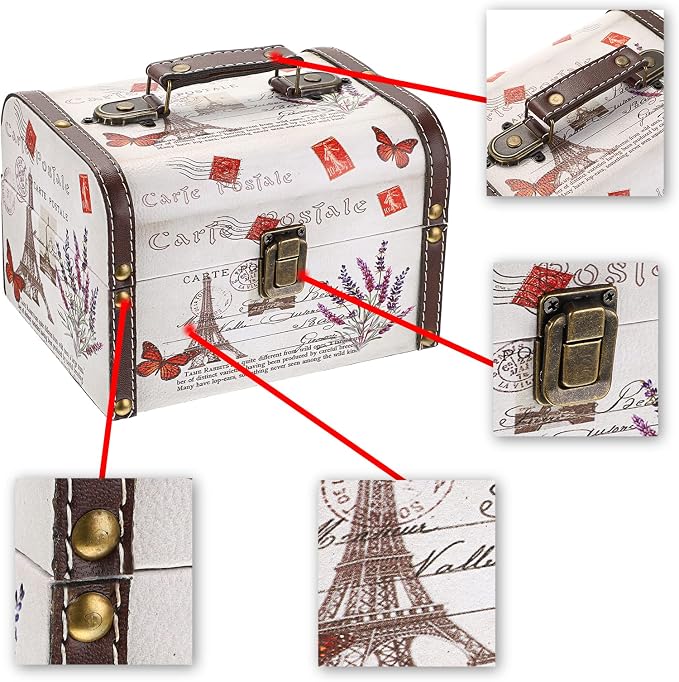 ELLDOO Decorative Treasure Chest Box, Wooden + PU Leather Storage Box for Jewelry Trinkets, Keepsakes box for Girls Women Gifts (Tower + Lavender Pattern)
