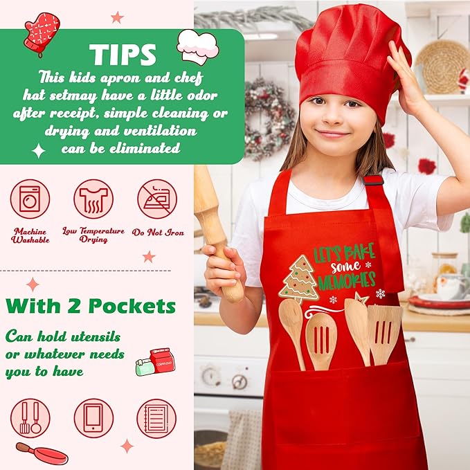 R HORSE Christmas Kid Apron and Chef Hat Set, 2Pcs Adjustable Children Xmas Red Kitchen Apron Dress up Role Play Chef Toy Cooking Baking Painting and Training Kits Christmas Gift for Kids
