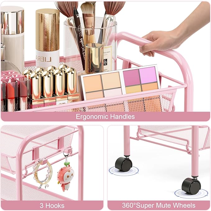 TOOLF 4 Tier Rolling Cart, Metal Utility Storage Cart with Wheels, Pink | 3 Hooks, Screwless Assembly, Trolley Organizer for Bathroom, Kitchen, Office, Nursery, Dorm, Laundry Room