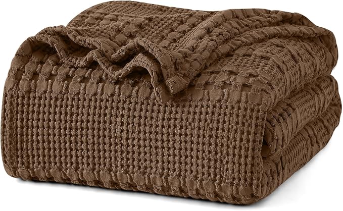 PHF 100% Cotton Waffle Weave Blanket King Size, Lightweight Breathable Summer Blanket for Hot Sleepers, Pre-Washed Soft Layer for Bed, Couch, Home Decor Gift, 108"x90", Chocolate