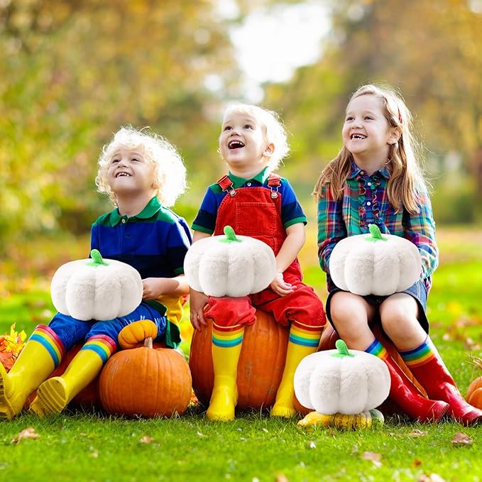 4 Pcs Pumpkin Pillows Fall Halloween Pumpkin Stuffed Animals Rabbit Hair Plush Toys Fluffy Thanksgiving Decor Throw Pillows Gifts for Kids for Home Bedroom Sofa Couch(White)