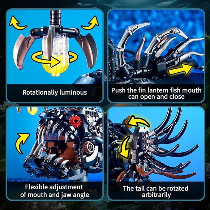 Steampunk Mechanical Lantern Fish Building Set with Light, Creative Ocean Animal Toy for Home Office Decor, Compatible with Lego for Adults, STEM Gift for Teens Kids Boys 8-14 (1038 PCS)
